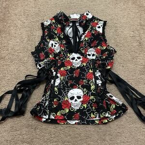 Jawbreaker Pin Up Top Roses Skulls Side Laces Ribbons Webs Goth Punk Size XL